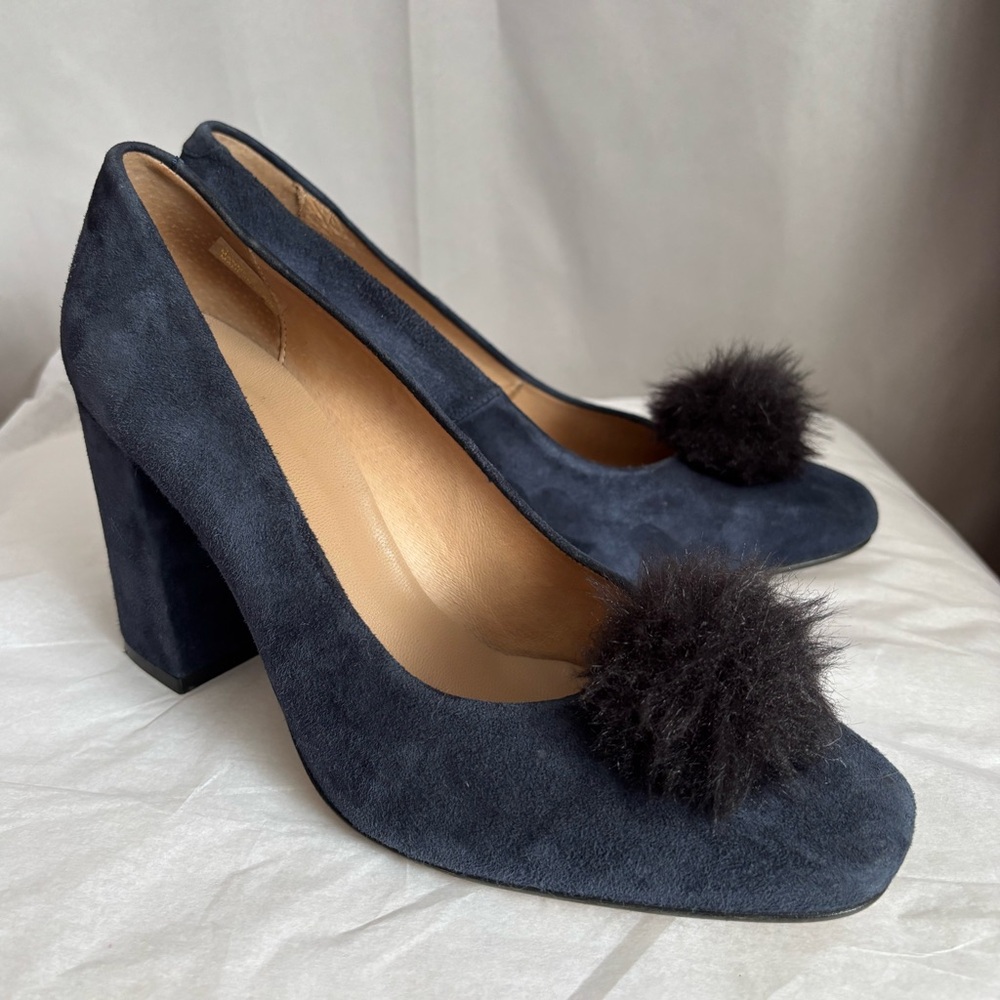 Anthropologie Blue Suede Pom Pom Block Heels- 39